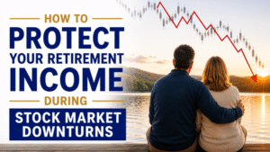 Couple on a dock at sunset, looking at a red downward stock chart; title about protecting retirement income during stock market downturns.