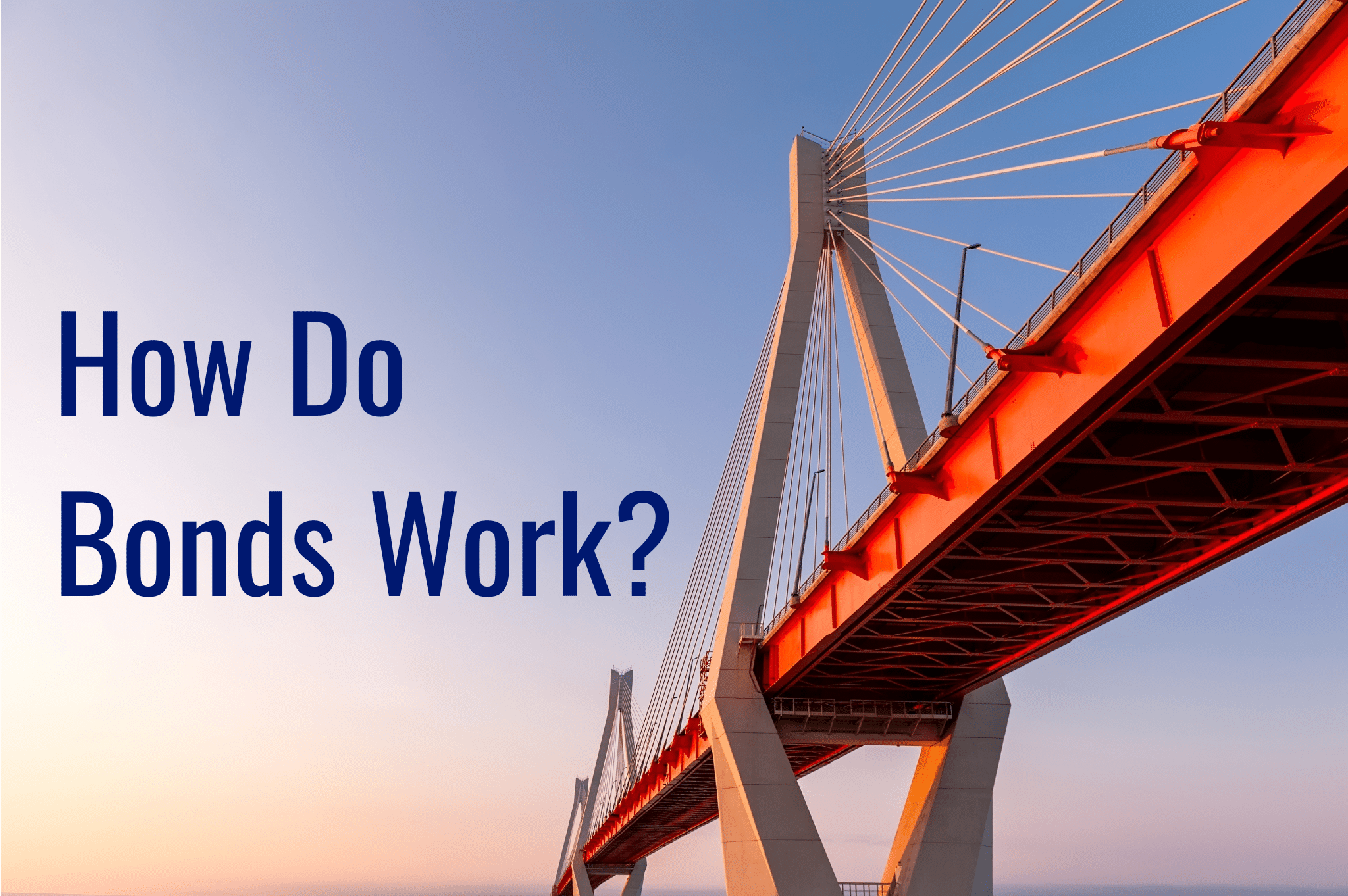 Text overlay reads 'How Do Bonds Work?' on a bridge with a blue sky and warm sunset hues in the background.